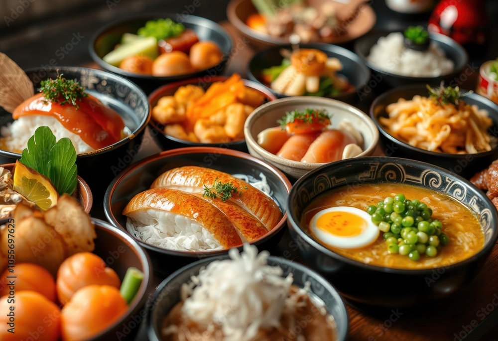 Delicious array of japanese cuisine in bowls Delicious array of japanese cuisine in bowls