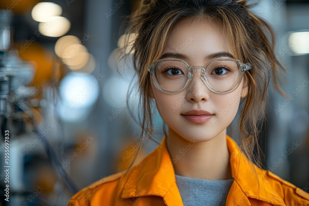 Confident young engineer in industrial setting wearing safety glasses Confident young engineer in industrial setting wearing safety glasses
