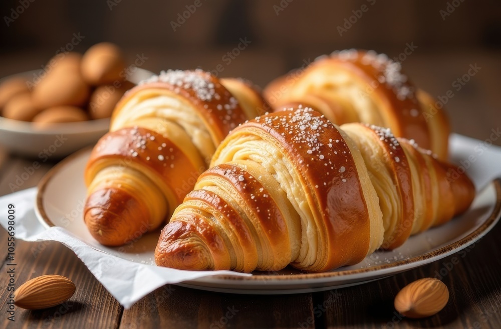 Polish Saint Martin's croissants (Rogal Świętomarciński) with fresh almonds in shell on a rustic wooden background Polish Saint Martin's croissants (Rogal Świętomarciński) with fresh almonds in shell on a rustic wooden background