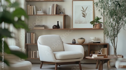 Modern retro concept of living room interior with stylish armchair, wooden shelf, book, picture frame, decoration and elegant personal accessories in home decor. Template. Neutral background wall