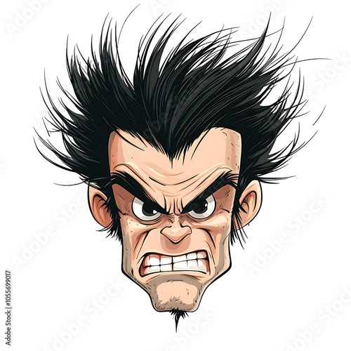 Cartoon male face with a mischievous smirk and spiked hair on a white background. photo