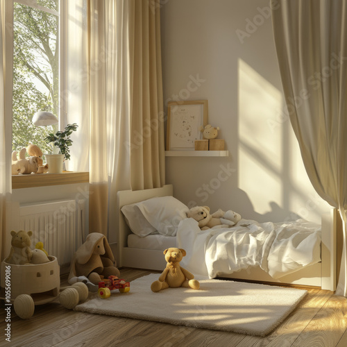 boy bedroom with a white bed and few toys on a floor. the decoration should be soft in boheme chic style. photo