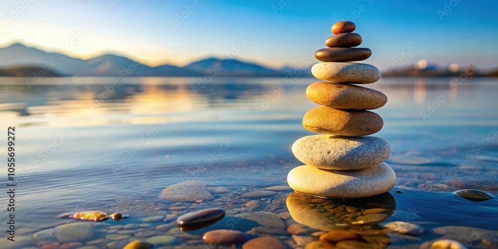 Obraz premium Serenity in Nature Balanced Stack of Smooth Stones by Water's Edge for Tranquil Relaxation