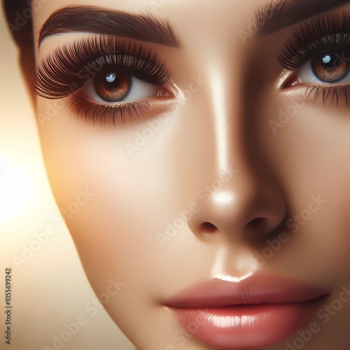 A woman with long false eyelashes looks straight, highlighting dramatic eye makeup and thick, voluminous lashes. Her expression is neutral, with soft lighting that enhances her facial features, focusi photo