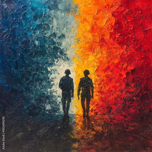 Two figures walking toward a vibrant division of colors, symbolizing choices and contrasting emotions in a textured art piece.