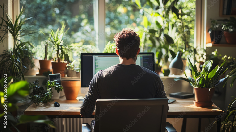 A dynamic remote working setup with flexible hours, showing a professional working from home with a well-organized workspace and seamless communication tools A dynamic remote working setup with flexible hours, showing a professional working from home with a well-organized workspace and seamless communication tools
