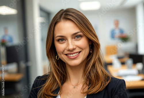 Blonde woman smiling jacket office background. Blonde woman smiling in jacket with office background. Perfect for business websites, blogs, magazines, and corporate presentations. 