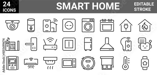 smart home icons. control of lighting, heating, air conditioning. home automation and remote monitoring. Editable stroke.