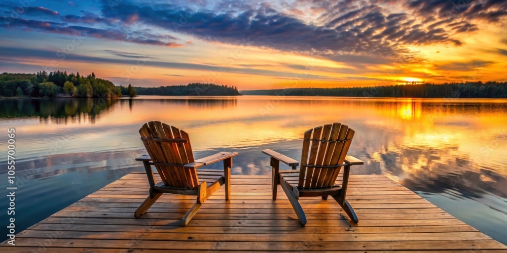 Two wooden chairs on a wood pier overlooking a lake at sunset, chairs, wood, pier, lake, sunset, scenery, tranquil Two wooden chairs on a wood pier overlooking a lake at sunset, chairs, wood, pier, lake, sunset, scenery, tranquil