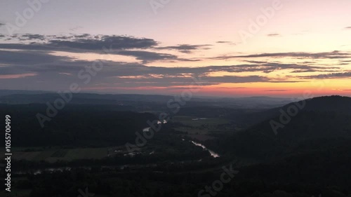 Sunset in the Polish mountains with a light fog. Mavic 3