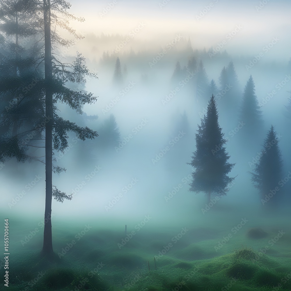 Beautiful shot of a fir tree forest covered with fog Beautiful shot of a fir tree forest covered with fog