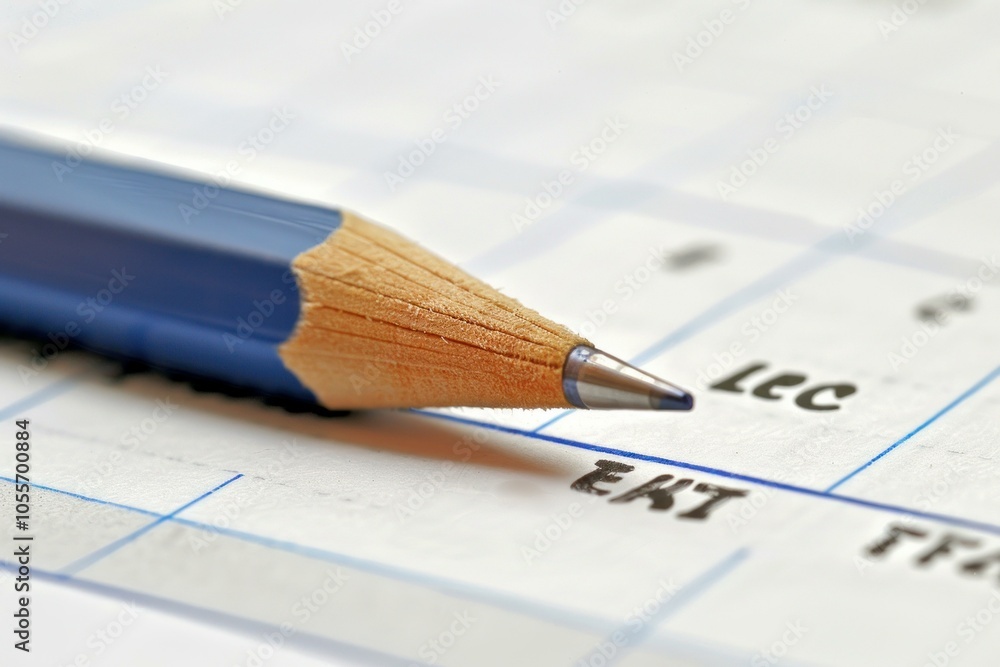 Sharpened pencil is pointing at a handwritten schedule on a piece of paper Sharpened pencil is pointing at a handwritten schedule on a piece of paper