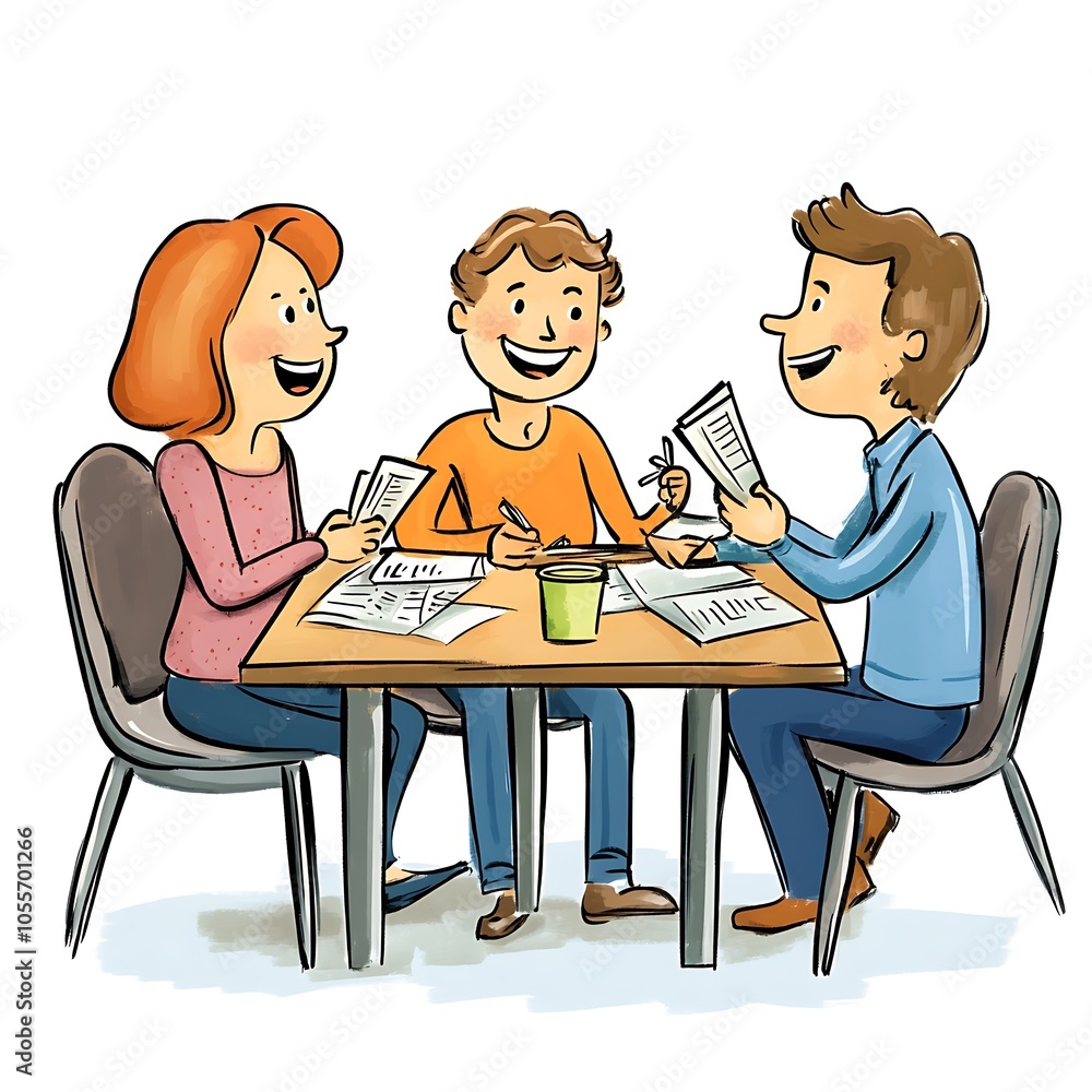 Cartoon group of friends discussing budget planning at a table on a white background. Cartoon group of friends discussing budget planning at a table on a white background.
