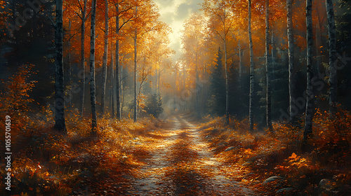 A Scenic Trail Winding Through a Dense Autumn Forest with Golden and Crimson Leaves – A Serene Path Immersed in Fall Foliage. 