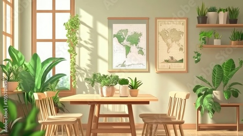 Stylish and botany interior of dining room with design craft wooden table, chairs, a lot of plants, window, poster map and elegant accessories in modern home decor. Template