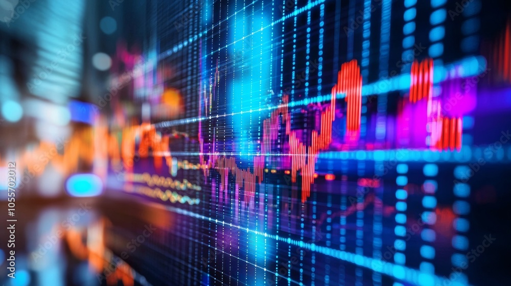 Stock market data with vibrant red and blue charts Stock market data with vibrant red and blue charts