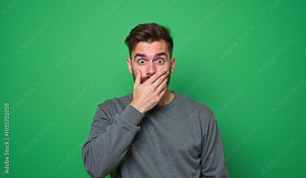 Man with shocked expression covering mouth against green background Man with shocked expression covering mouth against green background