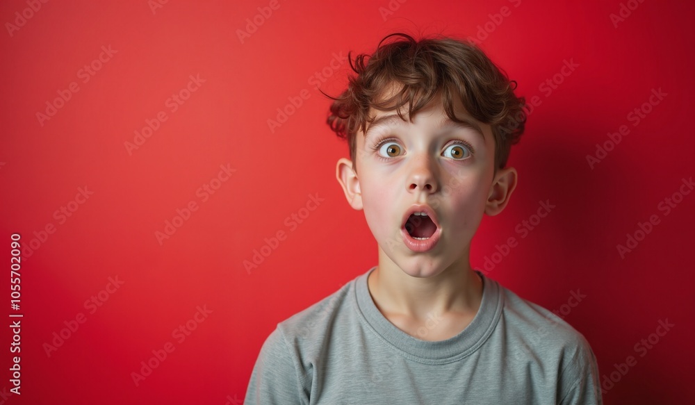 Boy with surprised expression looking shocked against bright red background with copy space Boy with surprised expression looking shocked against bright red background with copy space