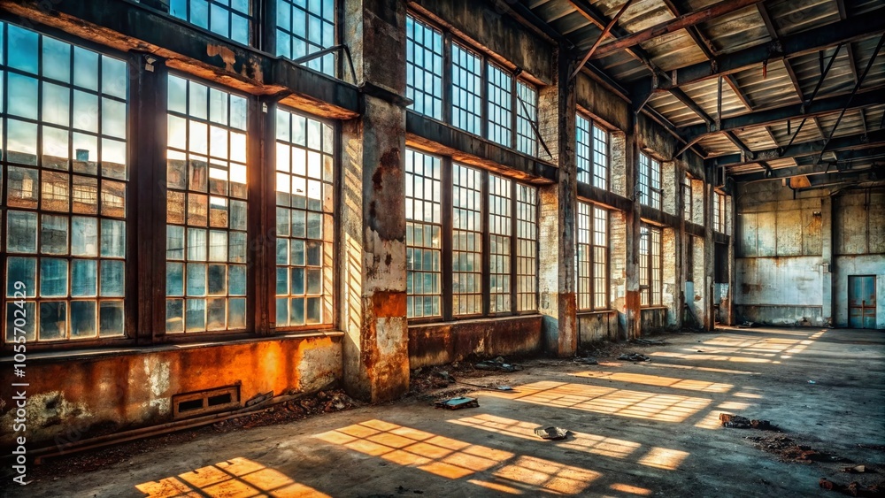 Abandoned Industrial Space with Weathered Walls and Large Windows for Atmospheric Photography Abandoned Industrial Space with Weathered Walls and Large Windows for Atmospheric Photography