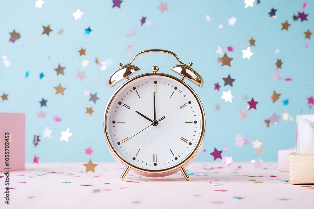 A minimalist Christmas banner, golden clock, surrounded by festive confetti and stars A minimalist Christmas banner, golden clock, surrounded by festive confetti and stars