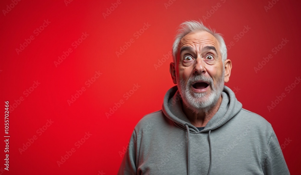 Senior man with shocked expression wearing hoodie against vibrant red background with copy space Senior man with shocked expression wearing hoodie against vibrant red background with copy space