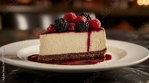 Describe the experience of enjoying a slice of cheesecake topped with fresh berries, savoring the creamy texture and sweet-tart balance.