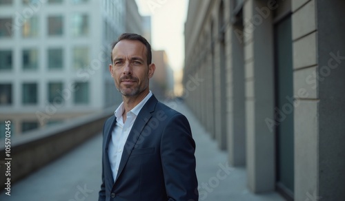 Confident businessman with determined expression standing against urban backdrop