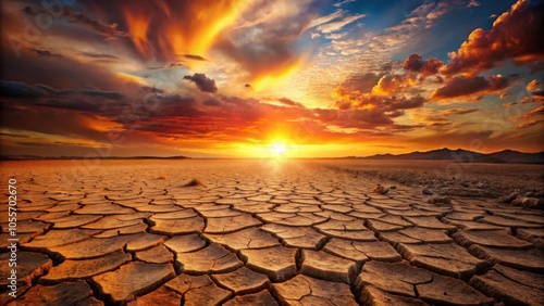 A desert landscape with cracked earth and a blazing sunset , desert, landscape, cracked earth, horizon, sunset, arid