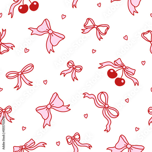 Seamless pattern of elegant bow knots, cherry berry, heart. Background with coquette pretty charming pink bow. Vintage hand drawn illustration
