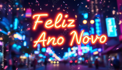 Uma mensagem vibrante de "Feliz Ano Novo" brilha em meio a um fundo de luzes coloridas e confetes, capturando a essência da celebração e alegria.