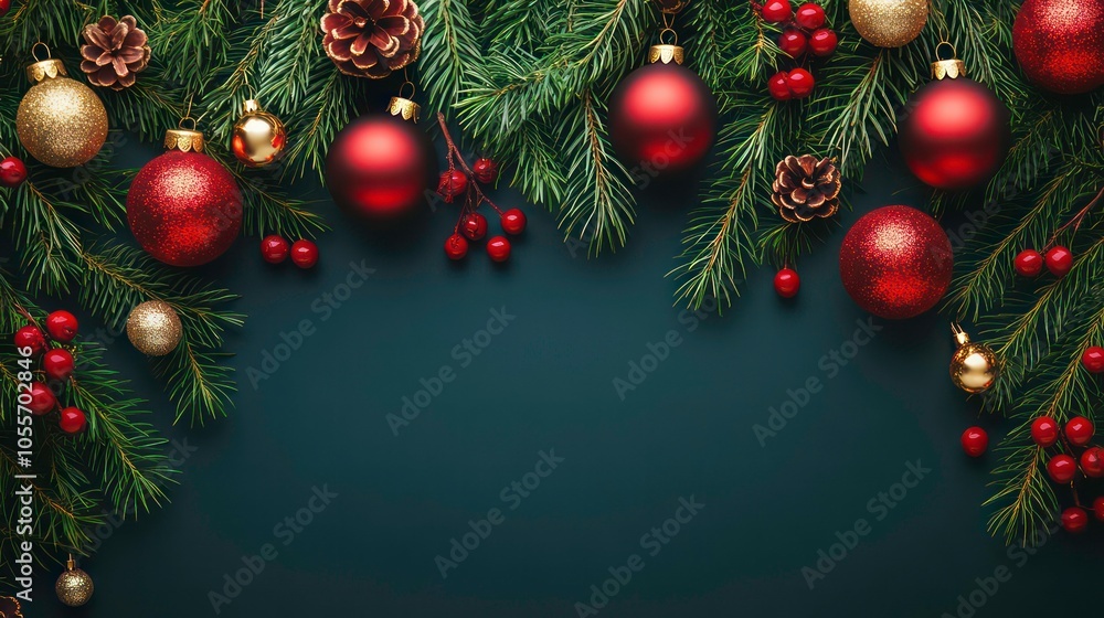 A festive arrangement of pine branches, ornaments, and pinecones for holiday decoration. A festive arrangement of pine branches, ornaments, and pinecones for holiday decoration.