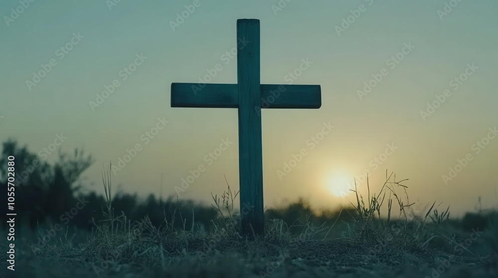 Silhouette of wooden cross at sunset in serene landscape Silhouette of wooden cross at sunset in serene landscape