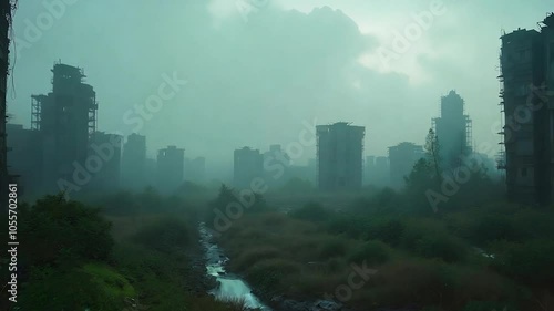Abandoned Cityscape in Fog with Overgrown Creek