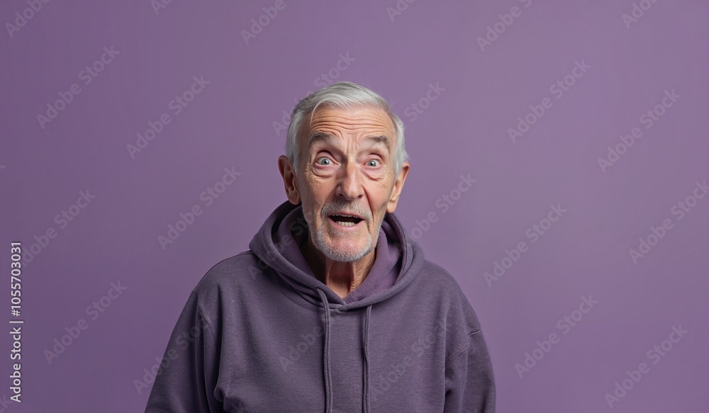 Senior man with surprised expression wearing hoodie against purple background Senior man with surprised expression wearing hoodie against purple background