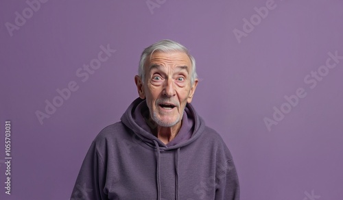 Senior man with surprised expression wearing hoodie against purple background