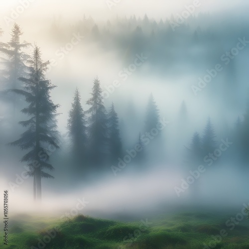 spruce treetops on a hazy morning. wonderful nature background with sunlight coming through the fog. bright sunny atmosphere