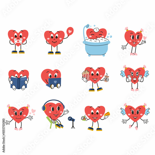 Set of cartoon stickers. Heart is in groove style and performs various actions. Cute character for decoration of postcard.