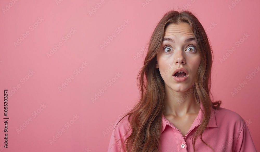 Young woman with shocked expression looking surprised against pink background with copy space Young woman with shocked expression looking surprised against pink background with copy space