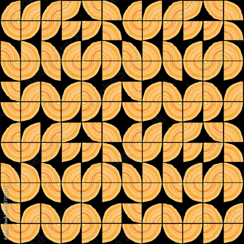 Abstraction round simple patterns seamless  on a black background vector illustration in orange and yellow tones