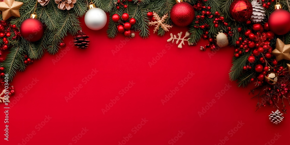 Red Christmas banner with copy space surrounded by xmas decorations Red Christmas banner with copy space surrounded by xmas decorations