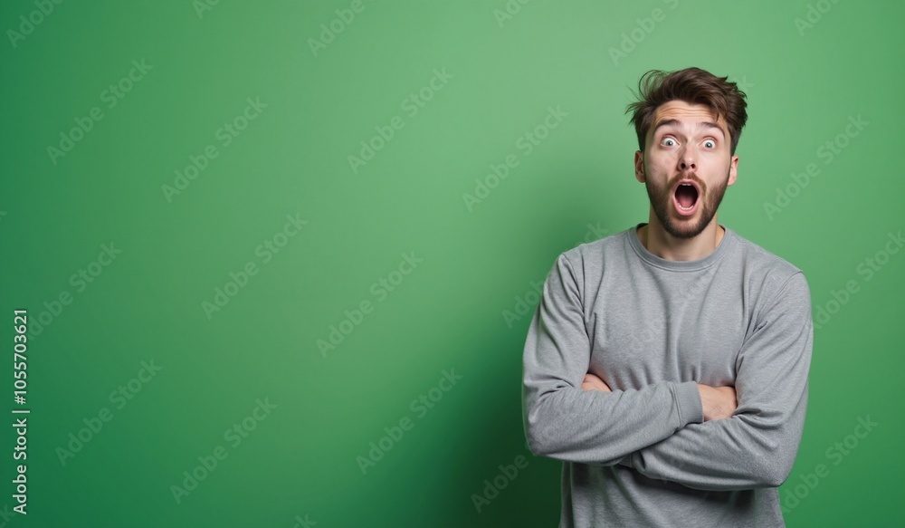 Young Man with Shocked Expression Gasping Against Green Background with Copy Space Young Man with Shocked Expression Gasping Against Green Background with Copy Space