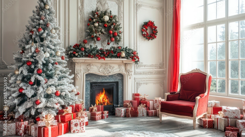 A cozy holiday scene with a decorated Christmas tree, gifts, and a warm fireplace. A cozy holiday scene with a decorated Christmas tree, gifts, and a warm fireplace.