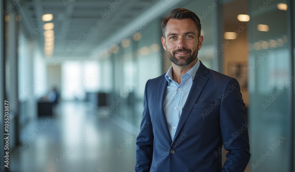 Confident businessman smiling in modern office hallway with copy space Confident businessman smiling in modern office hallway with copy space