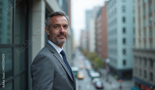 Confident businessman with contemplative expression standing against urban cityscape