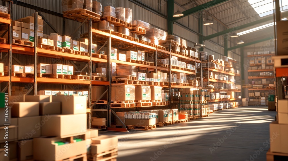 Massive Warehouse Shelves with Products in Natural Light Massive Warehouse Shelves with Products in Natural Light
