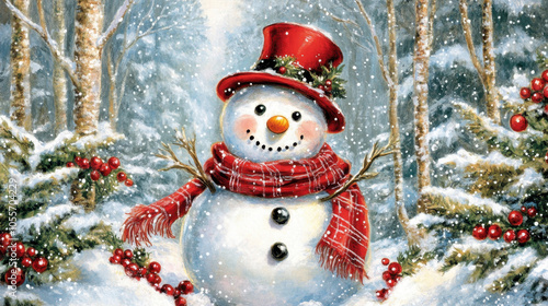 Cheerful snowman in winter wonderland with festive decorations