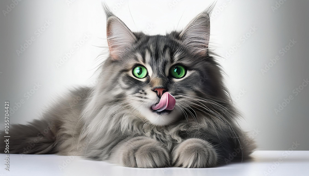 Fototapeta premium Lovely fluffy cat licking lips
