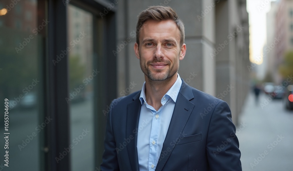 Confident Businessman with Friendly Smile Standing on Urban Street Confident Businessman with Friendly Smile Standing on Urban Street