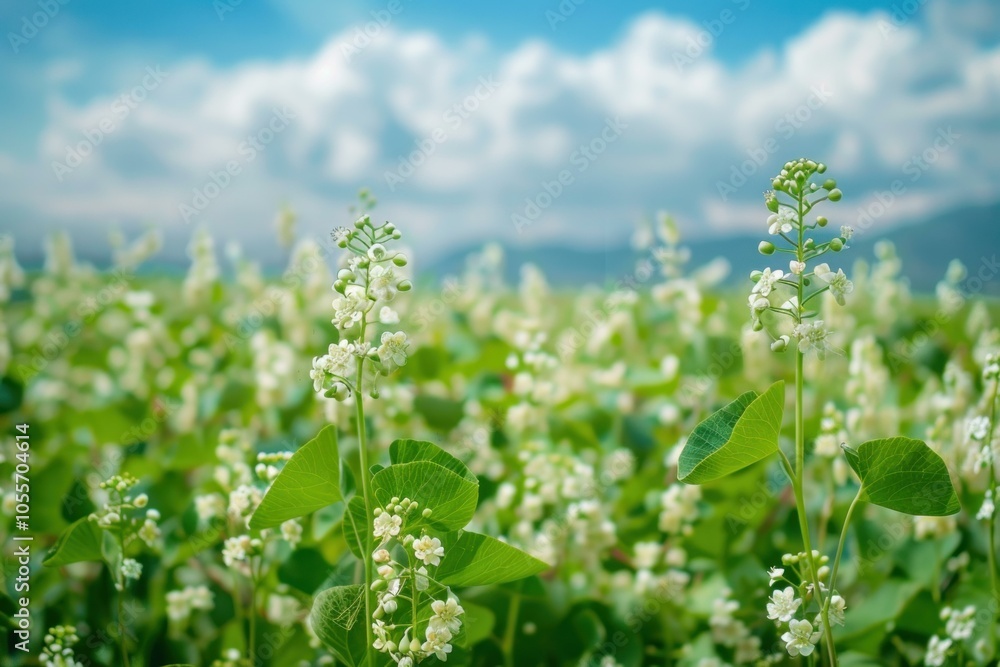 Field of small white flowers blooming on a sunny day with a blue sky and white clouds Field of small white flowers blooming on a sunny day with a blue sky and white clouds