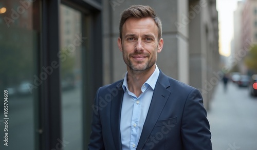 Confident Businessman with Friendly Smile Standing on Urban Street